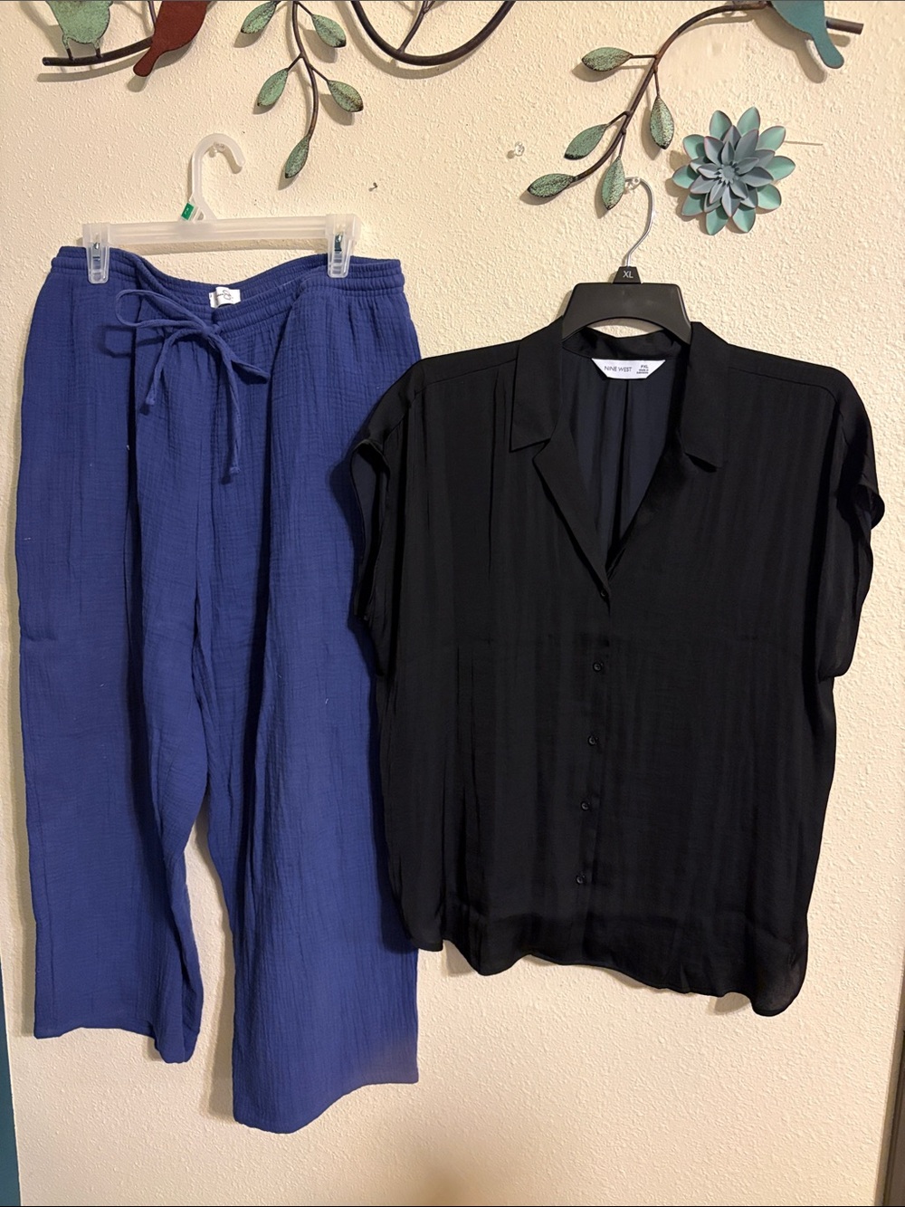 Nine West Black silky Button-Front Blouse with blue Wide-Leg Drawstring Pants